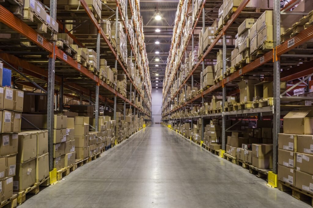 Interior of warehouse with racks full of boxes