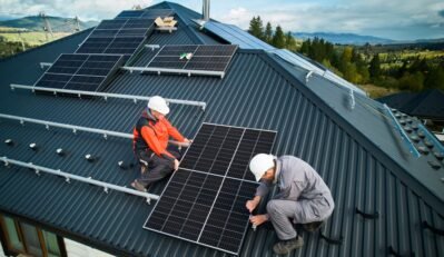 Technicians installing photovoltaic solar panels on roof of house.
